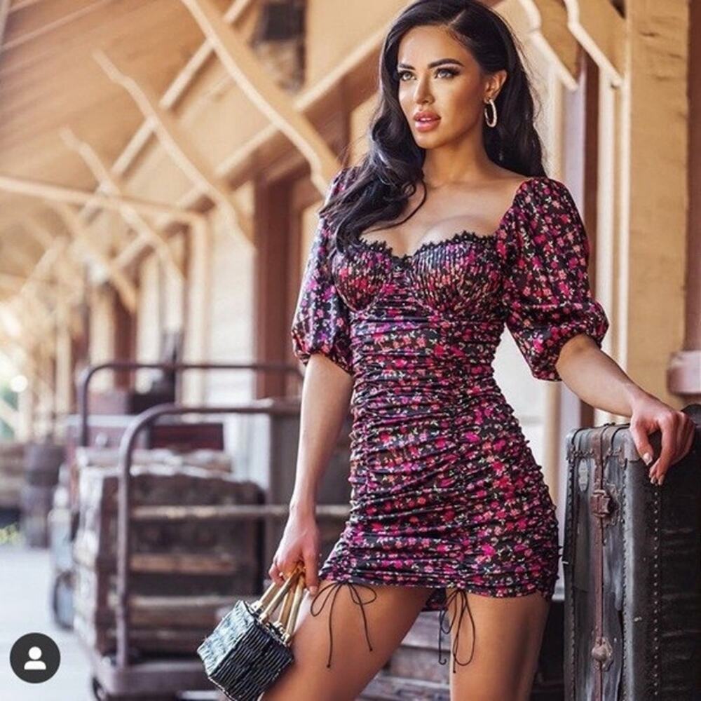 For Love & Lemons Melrose Floral Ruched Puff Sleeve Mini Dress Black Pink Small
